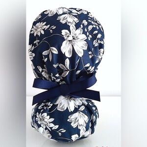 Navy Blue Floral Ponytail Scrubcap
